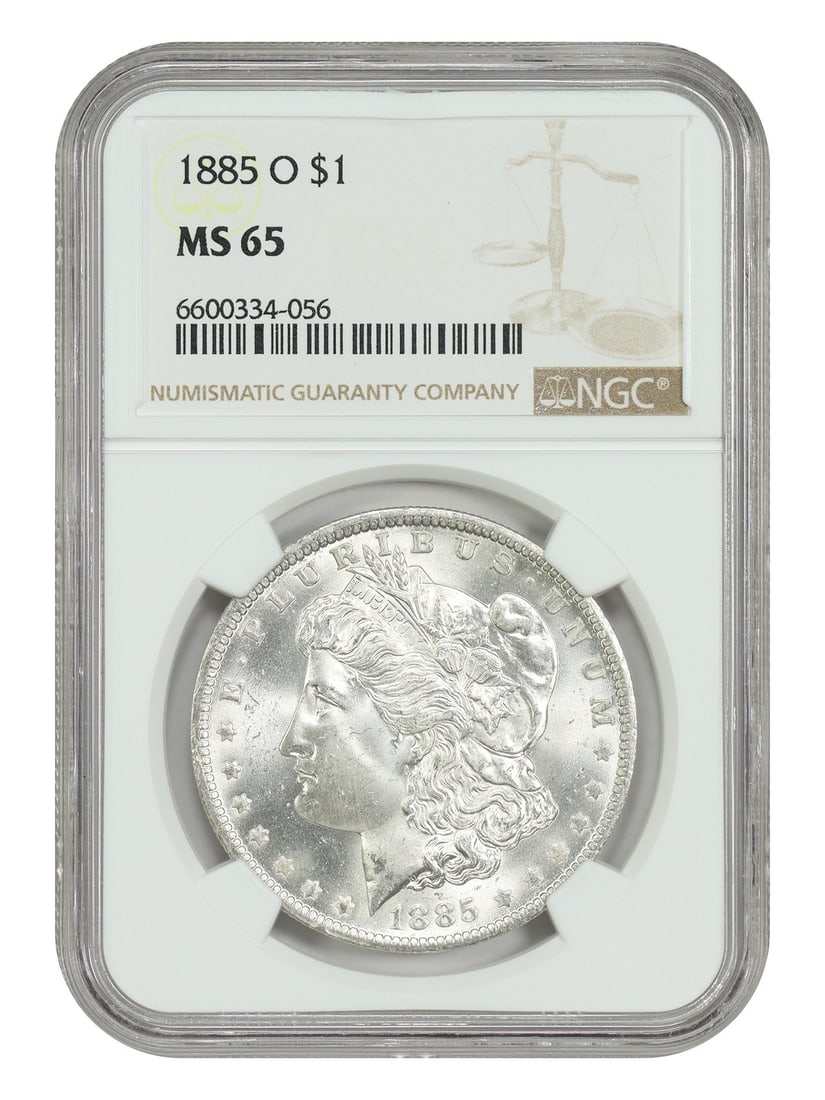 NGC MS65 1885-O Morgan Silver Dollar from New Orleans Mint: NGC MS65 1885-O Morgan Silver Dollar from New Orleans Mint This is an 1885-O Morgan Dollar, certified by NGC with a grade of MS65. Struck at the New Orleans Mint, this uncirculated silver dollar is pa