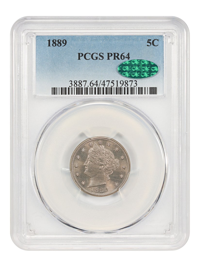 1889 Liberty Nickel Proof 64 Certified by PCGS CAC: 1889 Liberty Nickel Proof 64 Certified by PCGS CAC This is an 1889 Liberty Nickel graded PR64 by PCGS and certified by CAC. Struck in Philadelphia, this proof coin is uncirculated and features a minta