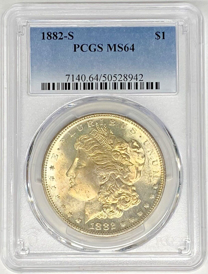 PCGS MS 64 1882-S Morgan Silver Dollar with Toned Finish: PCGS MS 64 1882-S Morgan Silver Dollar with Toned Finish This 1882-S Morgan Silver Dollar features attractive toning and is graded MS 64 by PCGS. The coin is composed of silver, uncirculated, and orig