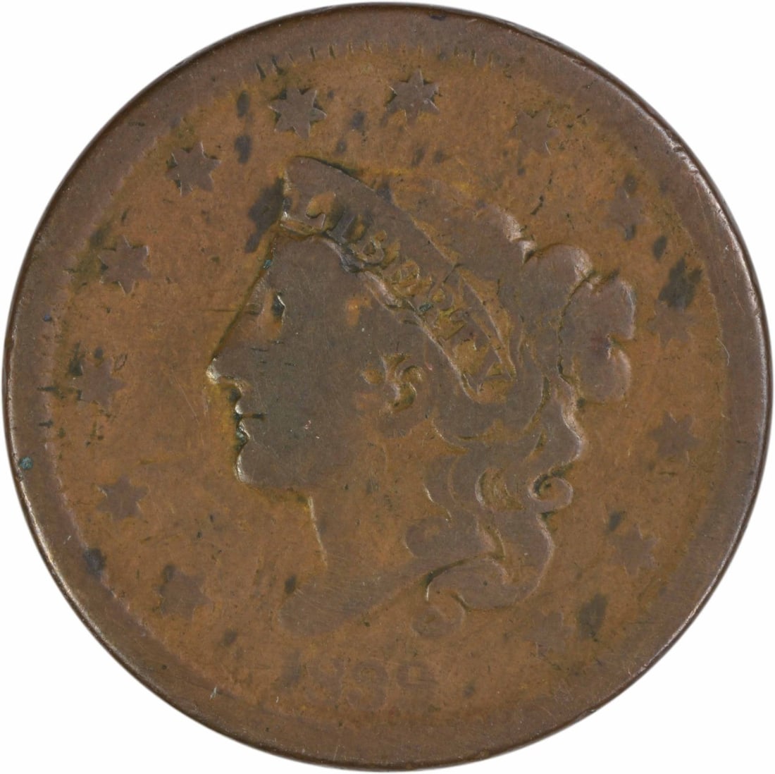 1839 Coronet Head Large Cent VG Copper Coin Uncertified: 1839 Coronet Head Large Cent VG Copper Coin Uncertified This 1839 Coronet Head Large Cent features the large head design and was minted in Philadelphia. The coin is composed of copper, has a plain edg
