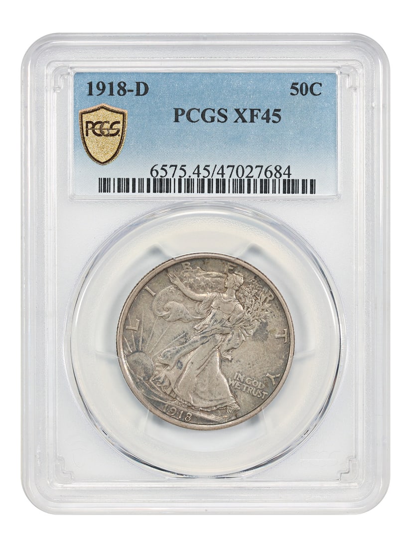 PCGS XF45 1918-D Walking Liberty Half Dollar 50C Coin: PCGS XF45 1918-D Walking Liberty Half Dollar 50C Coin This is a 1918-D Walking Liberty Half Dollar, certified by PCGS with a grade of XF45. Minted in Denver, this circulated coin is part of the Walkin