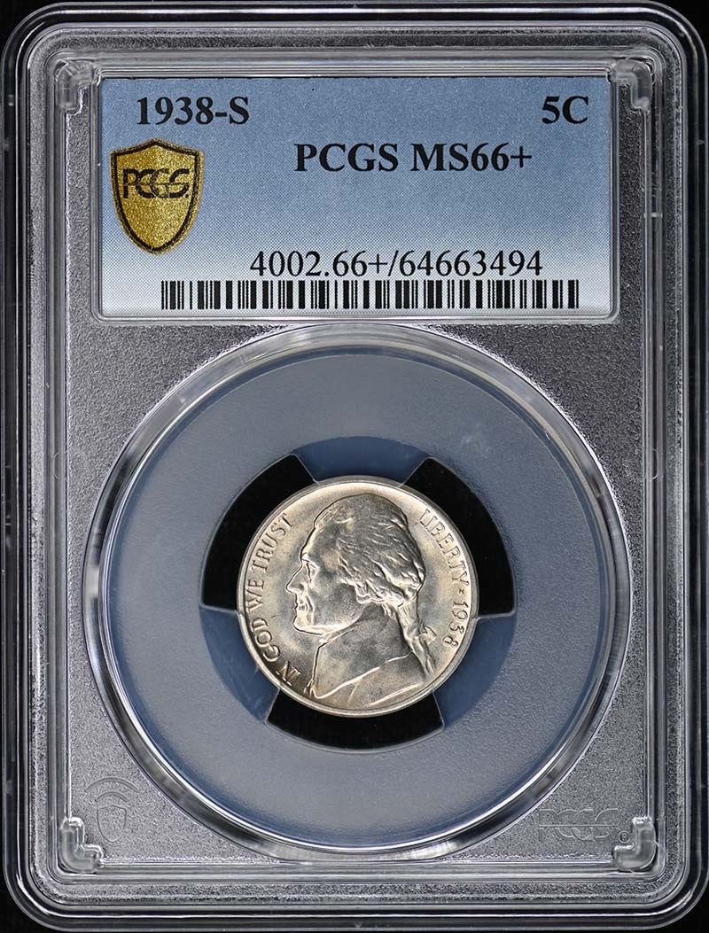 PCGS MS66 Plus Jefferson Nickel 1938 San Francisco Mint: PCGS MS66 Plus Jefferson Nickel 1938 San Francisco Mint This is a 1938-S Jefferson Nickel from the United States, professionally graded MS66+ by PCGS. The coin is uncirculated and was minted in San Fr