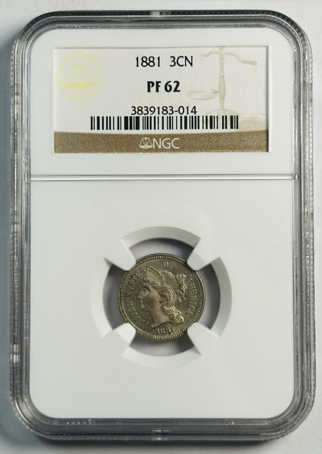 NGC Certified 1881 Proof Three Cent Nickel Coin PF 62: NGC Certified 1881 Proof Three Cent Nickel Coin PF 62 This 1881 Three Cent Nickel is a proof coin graded PF 62 by NGC. It is composed of nickel and is uncirculated, featuring a proof strike. This pre-