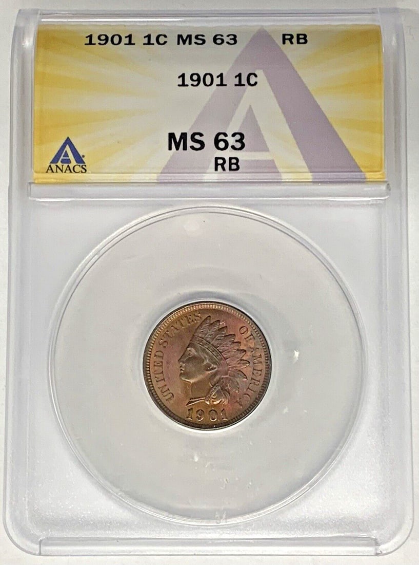 ANACS MS 63 RB 1901 Indian Head Small Cent with Vibrant Red Brown Toning: ANACS MS 63 RB 1901 Indian Head Small Cent with Vibrant Red Brown Toning This is a 1901 Indian Head Cent coin from the United States, featuring a colorful tone. The coin is graded MS 63 RB by ANACS an
