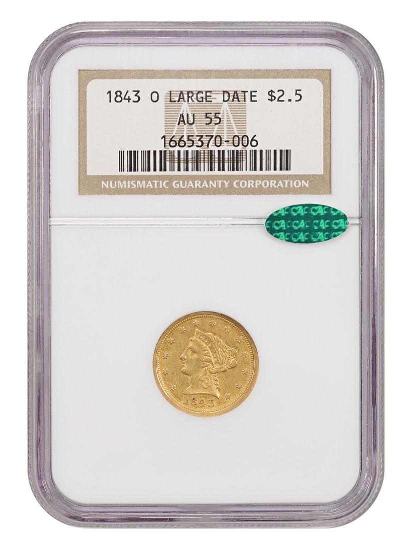 Large Date 1843-O Liberty Head $2.50 Gold Coin NGC CAC AU55: Large Date 1843-O Liberty Head $2.50 Gold Coin NGC CAC AU55 This 1843-O Liberty Head $2.5 gold coin features the large date variety and was minted in New Orleans. Certified by NGC with a grade of AU55