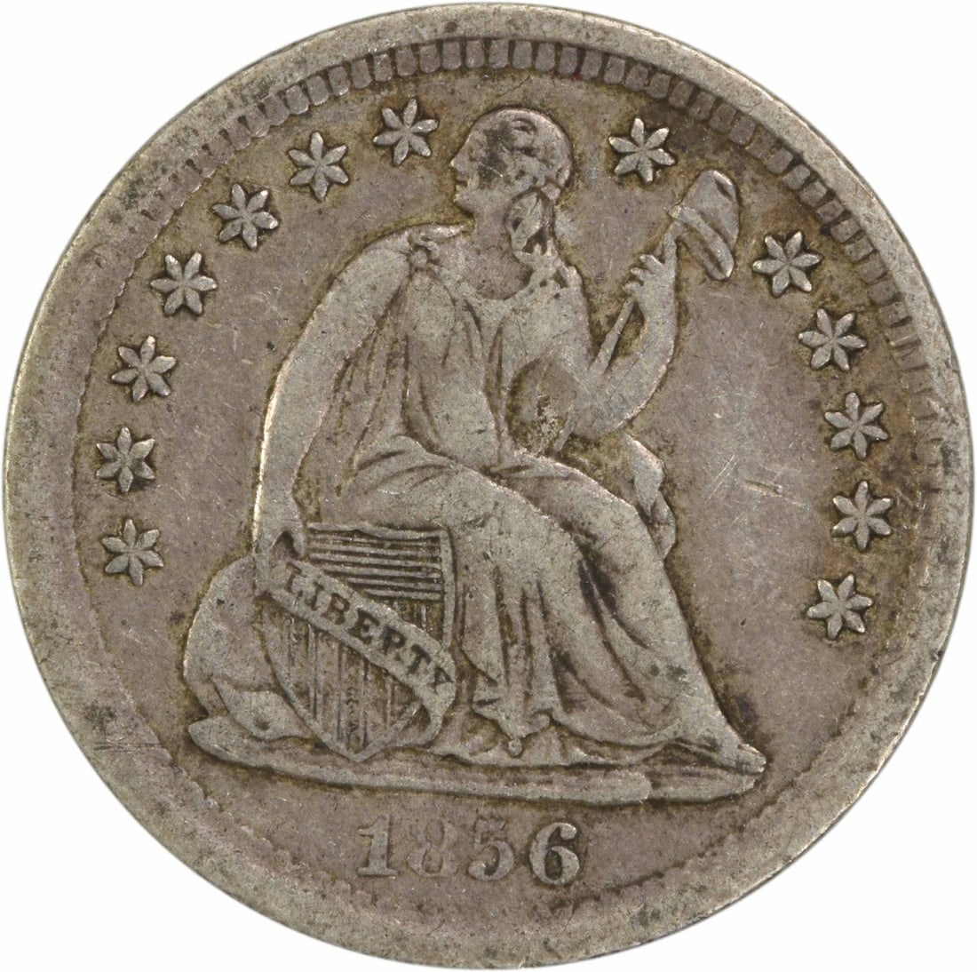 1856 Liberty Seated Half Dime 90% Silver Uncertified: 1856 Liberty Seated Half Dime 90% Silver Uncertified This 1856 Liberty Seated Silver Half Dime is a remarkable piece of American numismatic history. Minted in Philadelphia, this coin features the icon