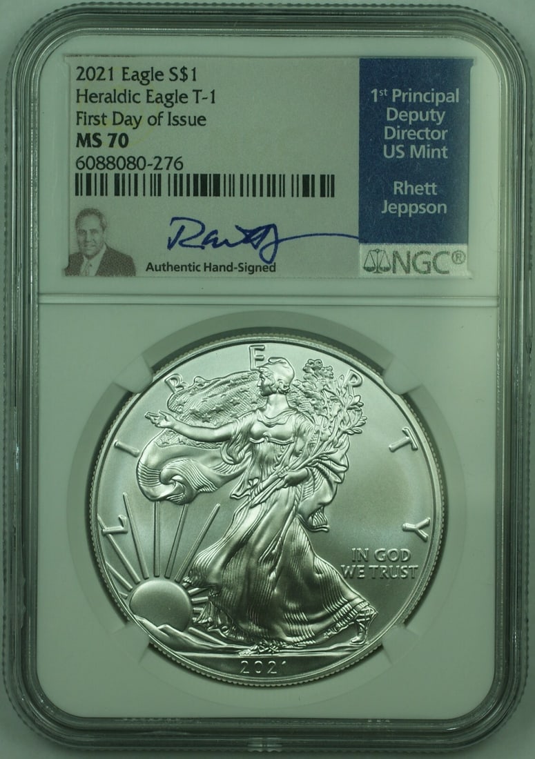NGC MS70 2021 Silver American Eagle Dollar Coin 1 oz .999 Fine: NGC MS70 2021 Silver American Eagle Dollar Coin 1 oz .999 Fine This is a 2021 American Silver Eagle $1 coin, composed of one troy ounce of .999 fine silver. Certified by NGC with a grade of MS-70, thi