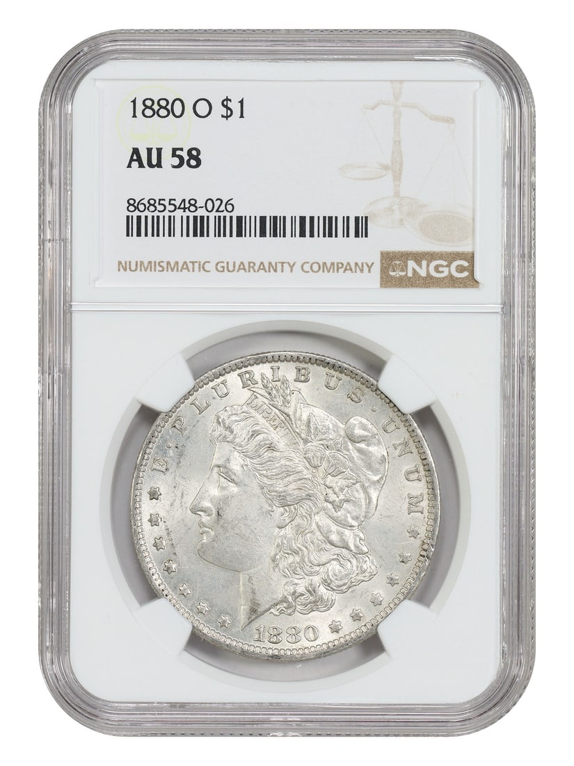 NGC AU58 1880-O Morgan Silver Dollar New Orleans Mint: NGC AU58 1880-O Morgan Silver Dollar New Orleans Mint This is an 1880-O Morgan Dollar graded AU58 by NGC. Struck at the New Orleans Mint, this scarce O-Mint Morgan Dollar is a circulated coin and is p
