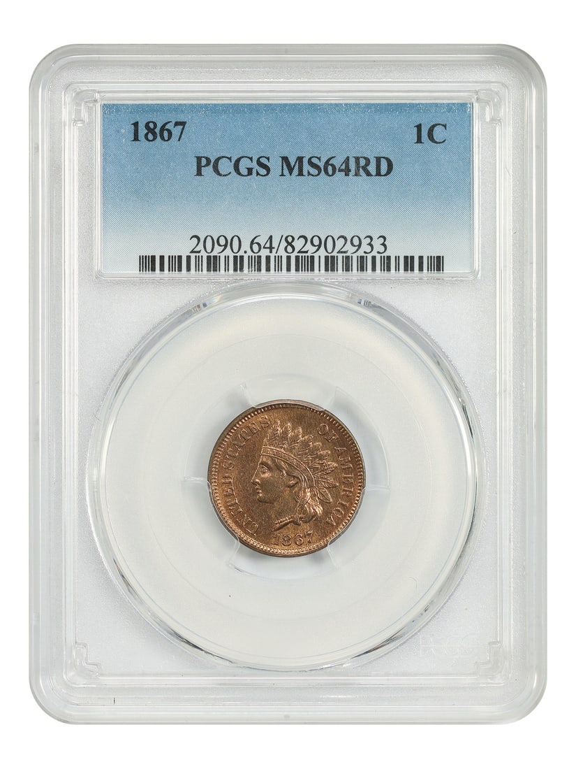 1867 Indian Cent PCGS MS64RD Full Red Uncirculated One Cent Coin: 1867 Indian Cent PCGS MS64RD Full Red Uncirculated One Cent Coin This 1867 Indian Cent is certified by PCGS with a grade of MS64RD, indicating a fully red, uncirculated coin. It features strong luster