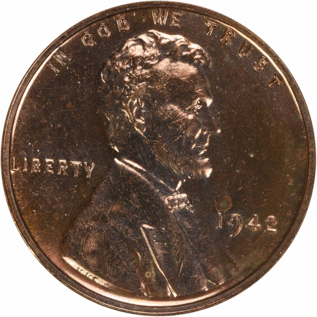 1942 Lincoln Wheat Cent Choice Proof Uncertified Copper #1038: 1942 Lincoln Wheat Cent Choice Proof Uncertified Copper #1038 This 1942 Lincoln Cent is a Choice Proof+ coin featuring the iconic Lincoln Wheat design. It is uncirculated and has been classified as un
