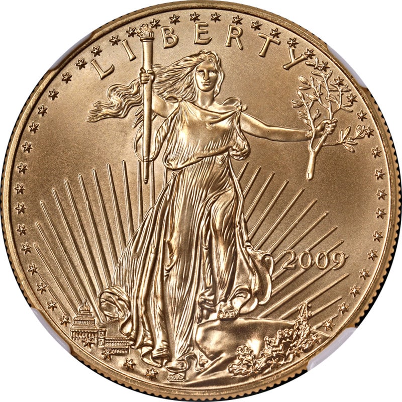 2009 $50 Gold Eagle Coin NGC MS70 Brown Label Uncirculated: 2009 $50 Gold Eagle Coin NGC MS70 Brown Label Uncirculated This 2009 Gold American Eagle $50 coin is certified by NGC with a grade of MS70 and features the Brown Label. Struck in 22-karat gold with a 