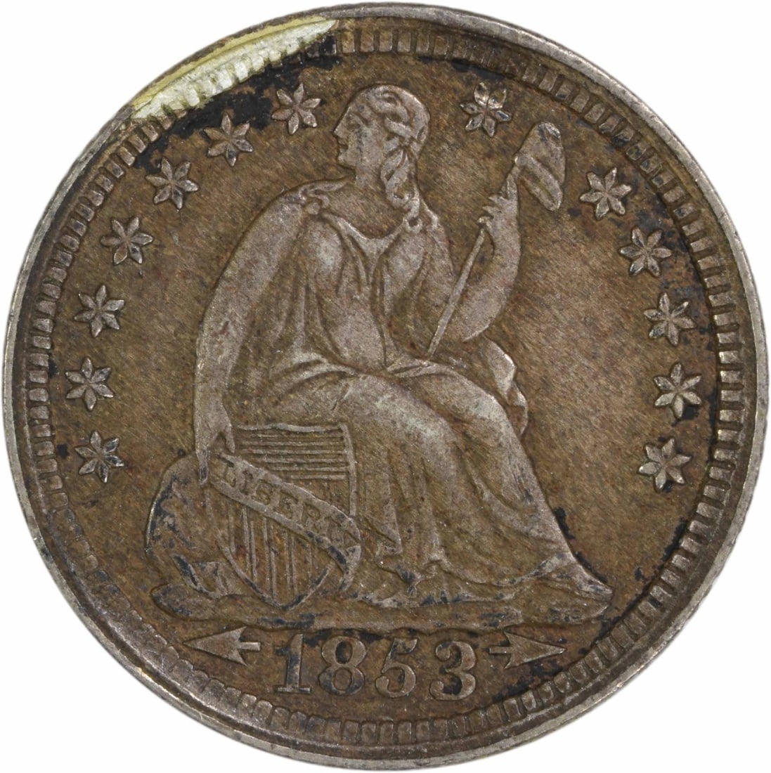 1853 Liberty Seated Half Dime 90% Silver Uncertified EF: 1853 Liberty Seated Half Dime 90% Silver Uncertified EF Discover a remarkable piece of American numismatic history with this 1853 Liberty Seated Silver Half Dime. This coin, designed by Christian Gobr