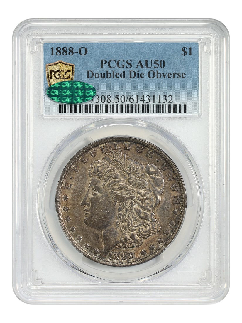 PCGS CAC AU50 1888-O Morgan Dollar Doubled Die Obverse: PCGS CAC AU50 1888-O Morgan Dollar Doubled Die Obverse This 1888-O Morgan Dollar features a doubled die obverse and has been graded AU50 by PCGS with CAC approval. The coin is deeply toned with bronzy