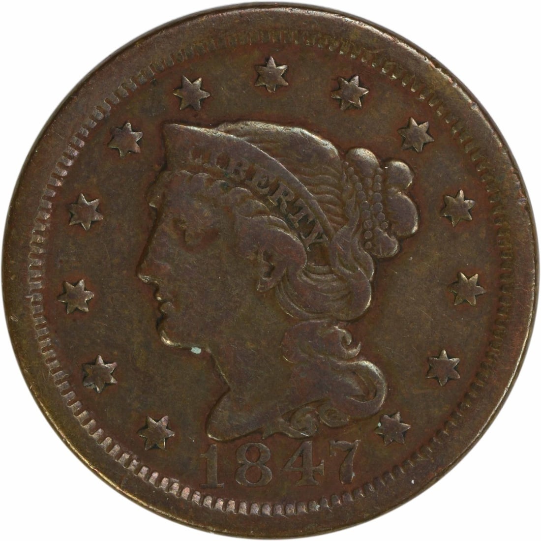1847 Large Cent VF Braided Hair Copper Coin: 1847 Large Cent VF Braided Hair Copper Coin This 1847 Large Cent is a notable piece for collectors, featuring the iconic Braided Hair design by Christian Gobrecht. It has been circulated and is graded