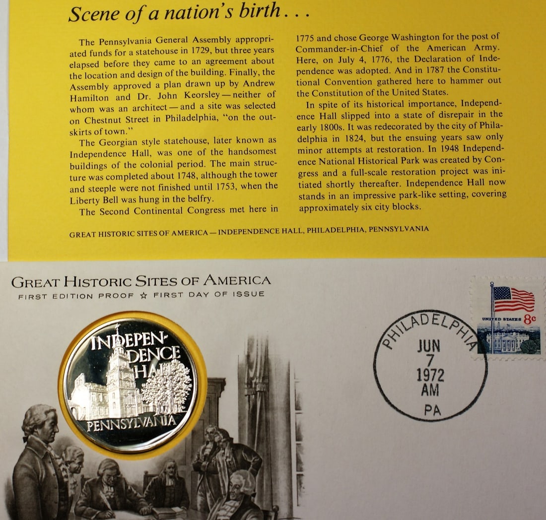 Sterling Silver 1972 Independence Hall Medal Proof in First Day Cover: Sterling Silver 1972 Independence Hall Medal Proof in First Day Cover This limited edition 1972 Independence Hall Great Historic Sites Medal Proof Silver First Day Cover features a proof medal crafted
