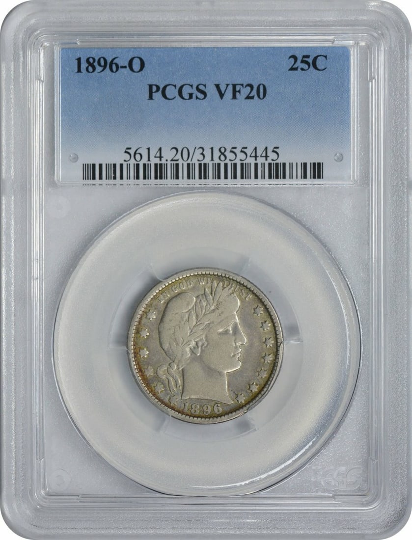 1896-O Barber Silver Quarter VF20 Certified PCGS 90% Silver: 1896-O Barber Silver Quarter VF20 Certified PCGS 90% Silver This 1896-O Barber Silver Quarter is a remarkable collectible coin, certified by PCGS with a grade of VF20. Minted in New Orleans, this quar