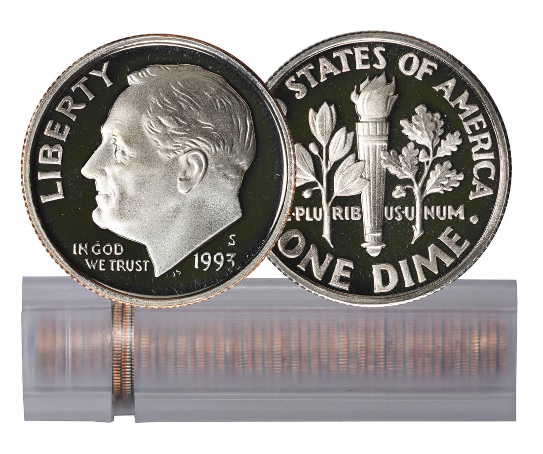 1993-S Proof Roosevelt Dime Roll of 50 Uncirculated Clad Coins: 1993-S Proof Roosevelt Dime Roll of 50 Uncirculated Clad Coins This roll of 50 coins features the 1993-S Proof Roosevelt Dime, a remarkable addition for any coin collector. Each coin in this roll is u