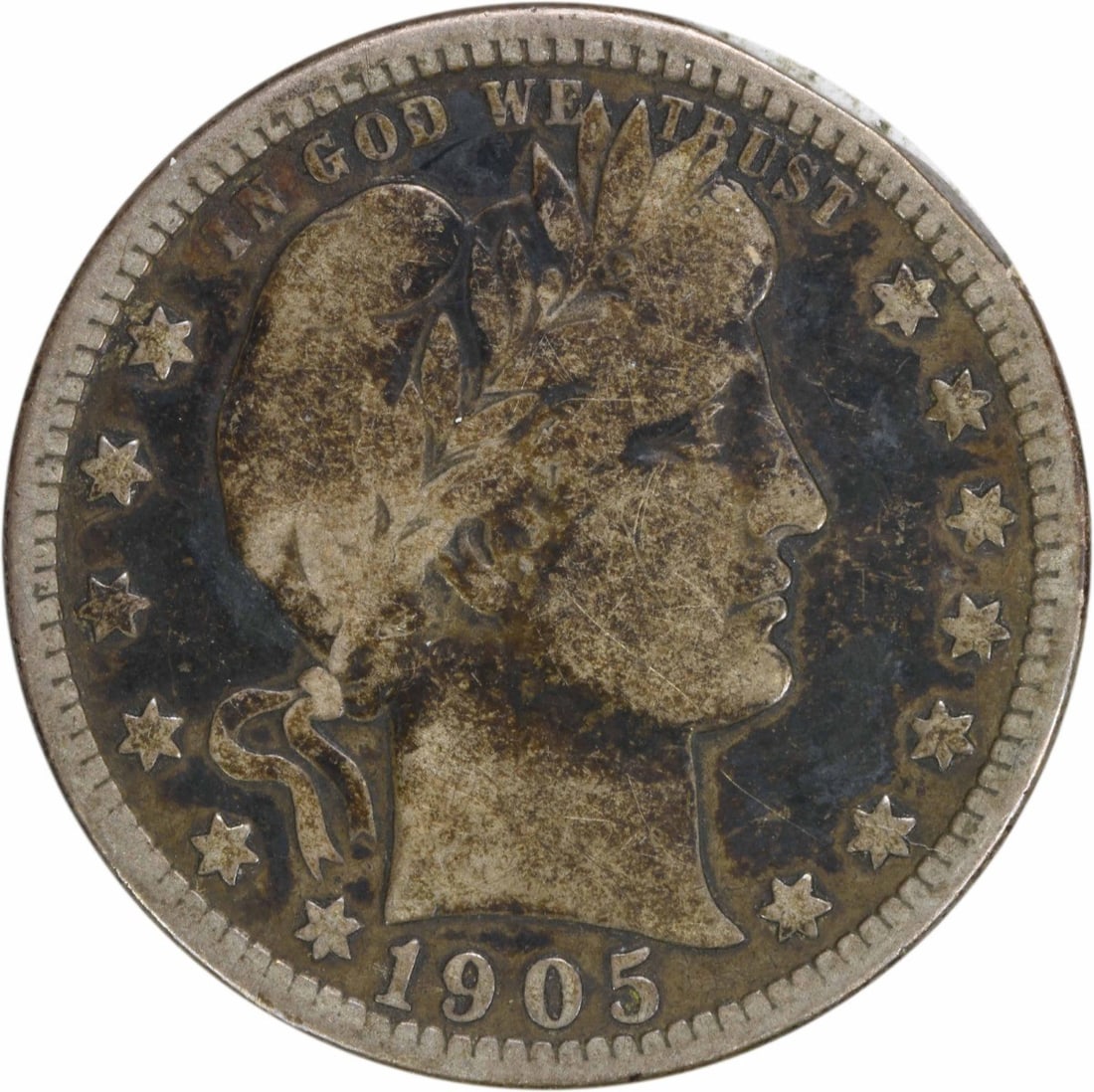 1905-O Barber Quarter 90% Silver VG Uncertified Coin: 1905-O Barber Quarter 90% Silver VG Uncertified Coin This 1905-O Barber Silver Quarter showcases a rich history as a classic American coin. Produced in New Orleans, this circulated quarter features th