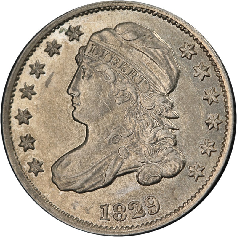 1829 Silver Capped Bust Dime Extra Large Date AU to BU: 1829 Silver Capped Bust Dime Extra Large Date AU to BU This original 1829 Bust Dime features an extra large 10-cent design with attractive eye appeal, luster, and a strong strike. The coin showcases g