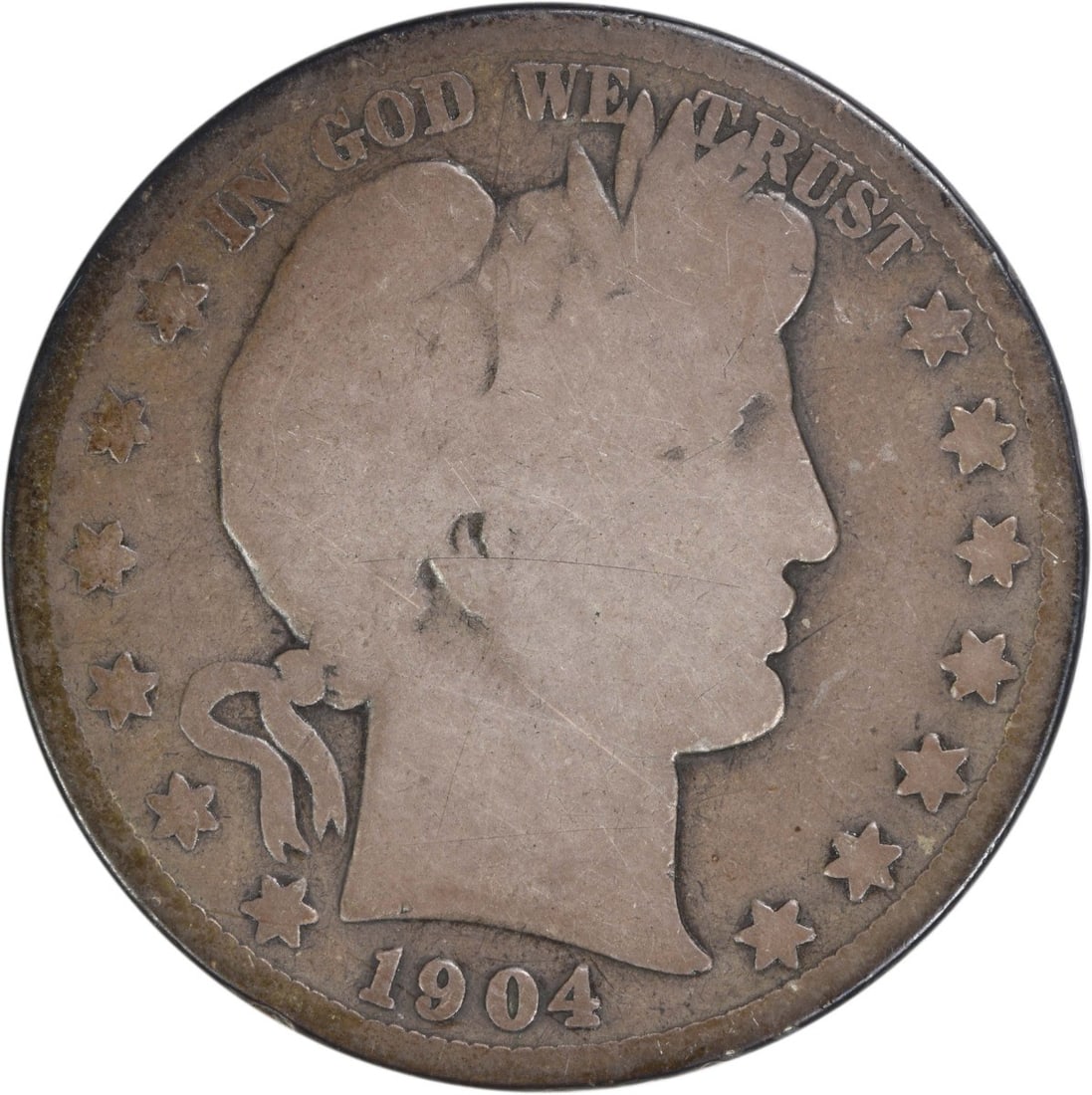 1904 San Francisco Barber Half Dollar 90 Percent Silver Circulated Uncertified: 1904 San Francisco Barber Half Dollar 90 Percent Silver Circulated Uncertified This is a 1904-S Barber Half Dollar from the United States, minted in San Francisco. The coin is circulated, made of 90% 