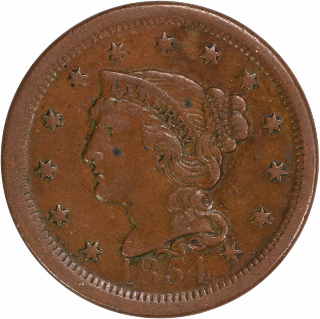 1854 Braided Hair Large Cent EF Philadelphia Mint Copper: 1854 Braided Hair Large Cent EF Philadelphia Mint Copper This 1854 Large Cent features the Braided Hair design, crafted from copper and produced in Philadelphia. It is classified as EF (Extremely Fine
