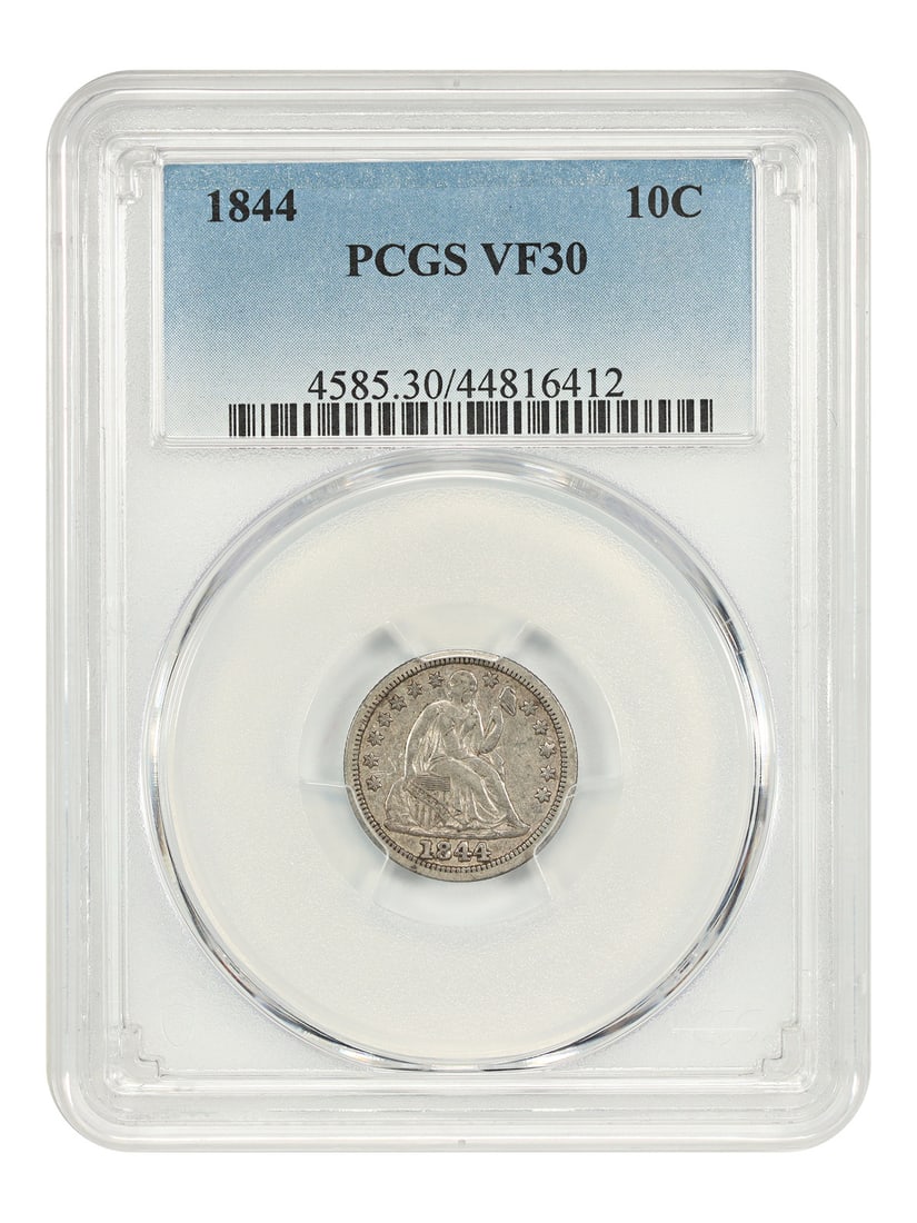 1844 Philadelphia Liberty Seated Dime PCGS VF30 Key Date: 1844 Philadelphia Liberty Seated Dime PCGS VF30 Key Date This 1844 Liberty Seated Dime is a notable numismatic rarity known as the "Little Orphan Annie" dime, struck exclusively at the Philadelphia Mi