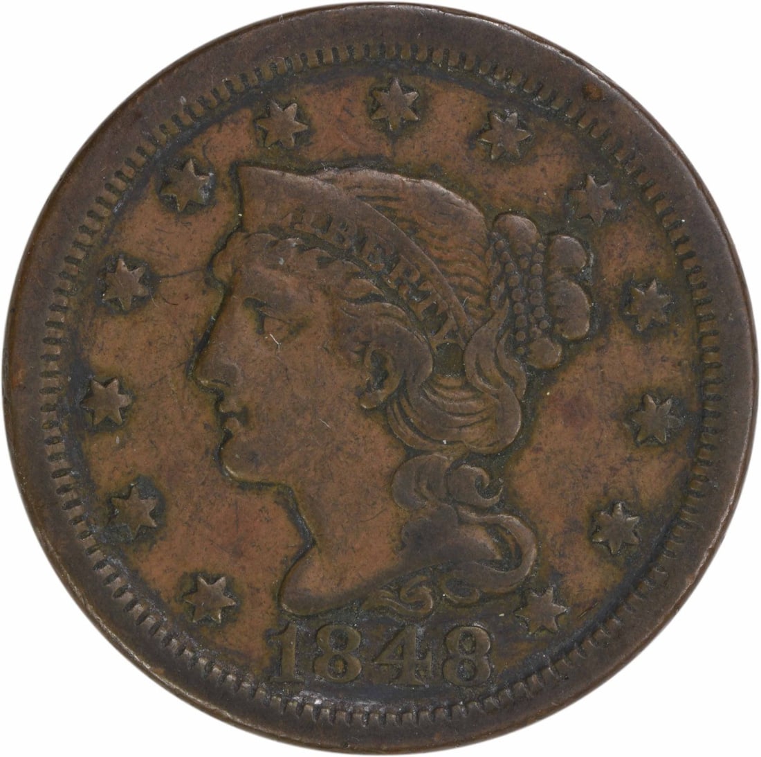 1848 Braided Hair Large Cent VF Uncertified Philadelphia Mint: 1848 Braided Hair Large Cent VF Uncertified Philadelphia Mint This 1848 Large Cent features the iconic Braided Hair design by Christian Gobrecht. It is a circulated coin, graded as Very Fine (VF), wit