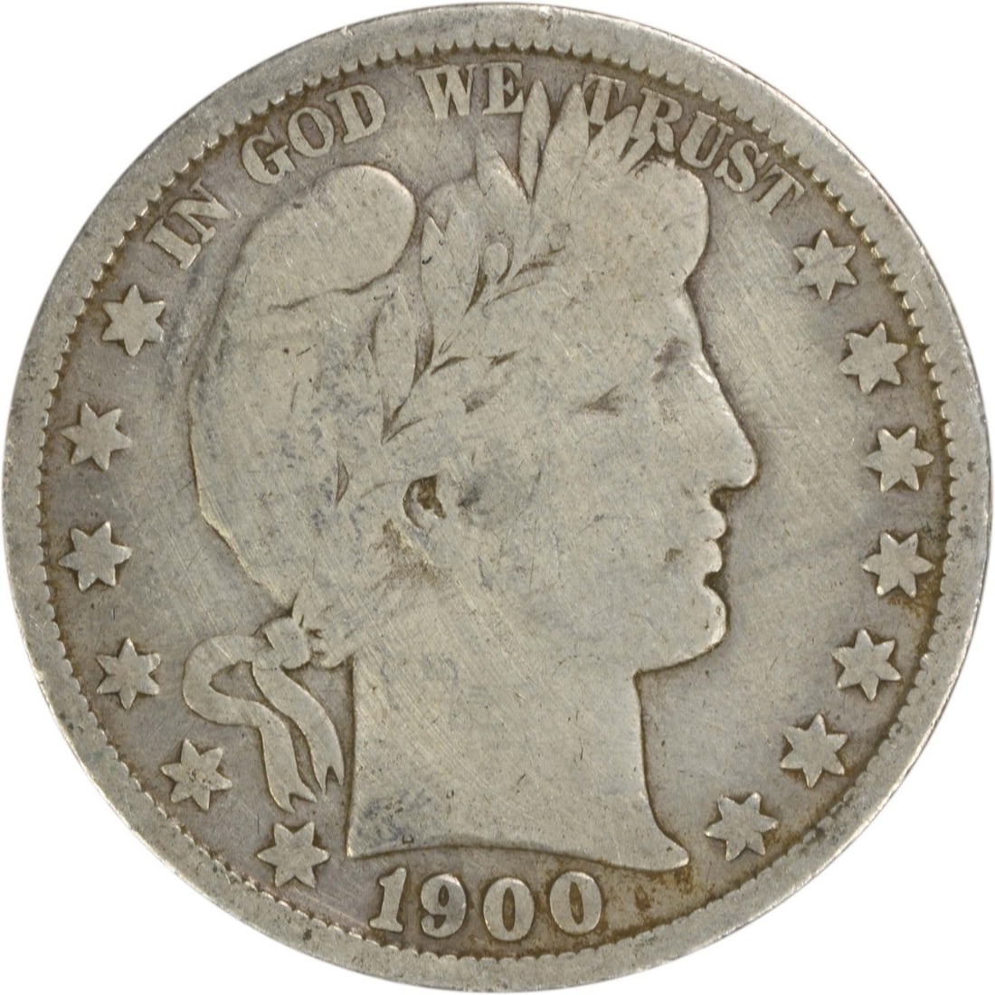 Barber Half Dollar 1900-O 90 Percent Silver VG Grade Uncertified Coin: Barber Half Dollar 1900-O 90 Percent Silver VG Grade Uncertified Coin This 1900-O Barber Half Dollar is a circulated coin minted in New Orleans. Designed by Charles E. Barber, it is composed of 90% si
