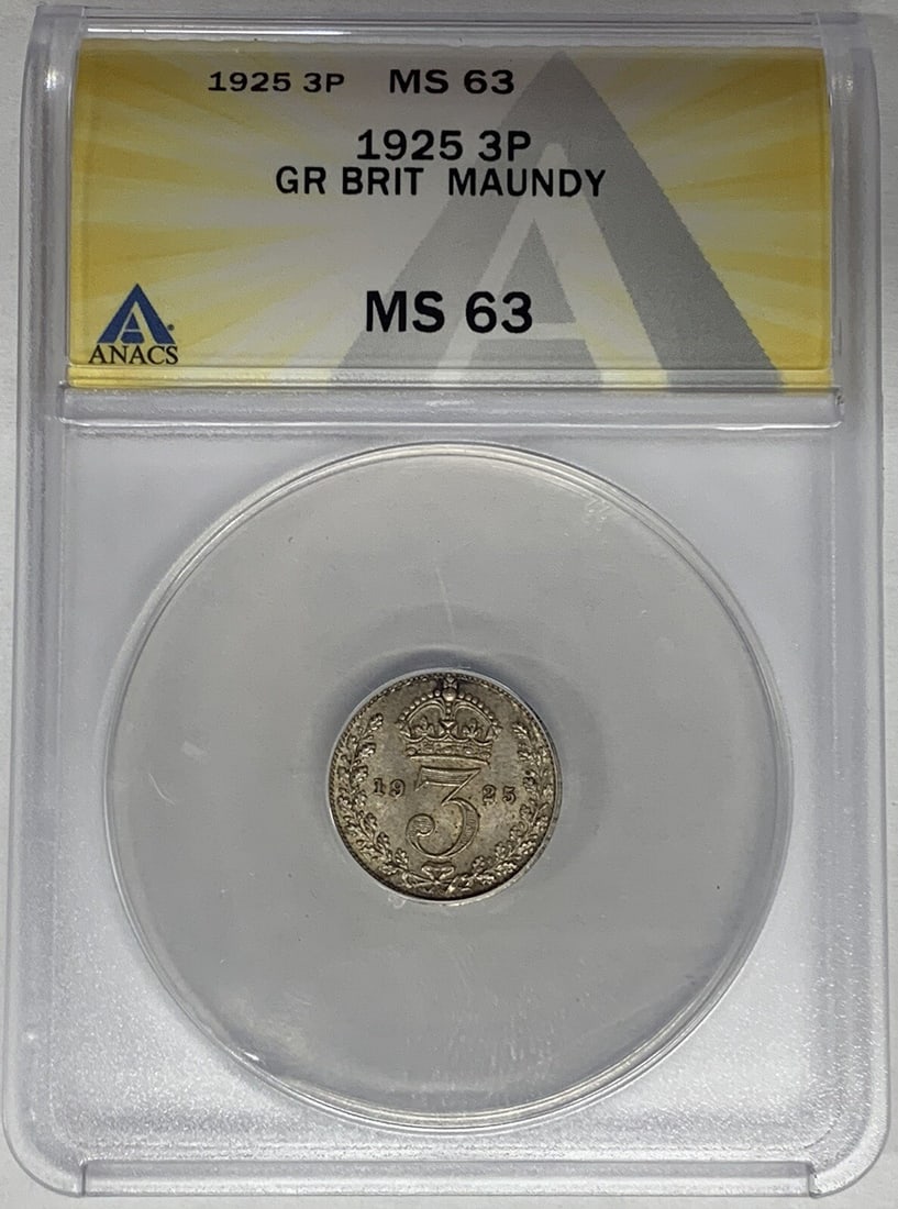 1925 United Kingdom Maundy Threepence Coin ANACS MS 63 Certified: 1925 United Kingdom Maundy Threepence Coin ANACS MS 63 Certified This is a 1925 Great Britain Maundy 3 Pence coin that has been certified by ANACS with a grade of MS 63. The coin is pre-owned and orig