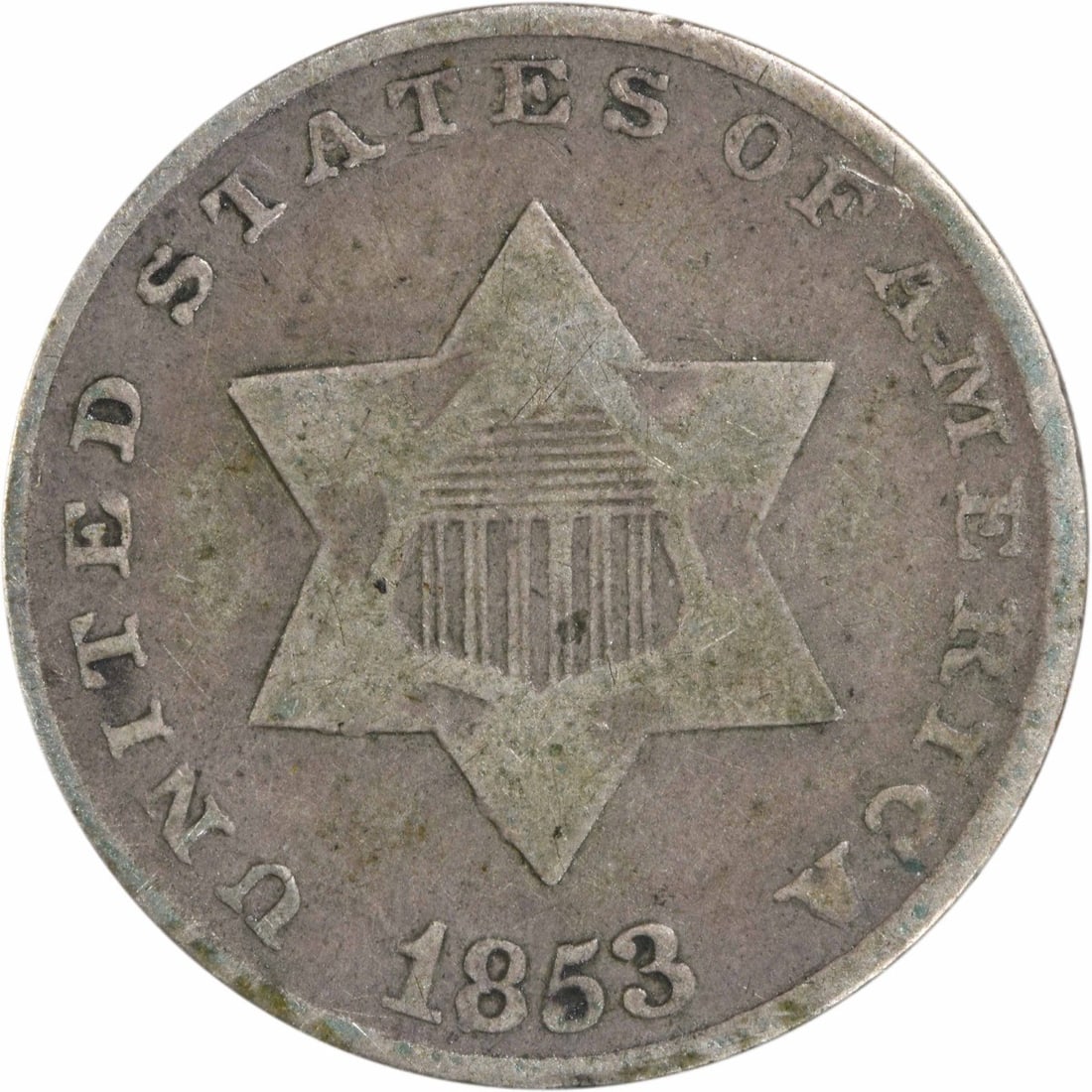 1853 Three Cent Silver Coin KM 75 Circulated Uncertified: 1853 Three Cent Silver Coin KM 75 Circulated Uncertified This 1853 Three Cent Silver coin is a notable piece of American numismatics, minted in Philadelphia. It features a composition of 75% silver an