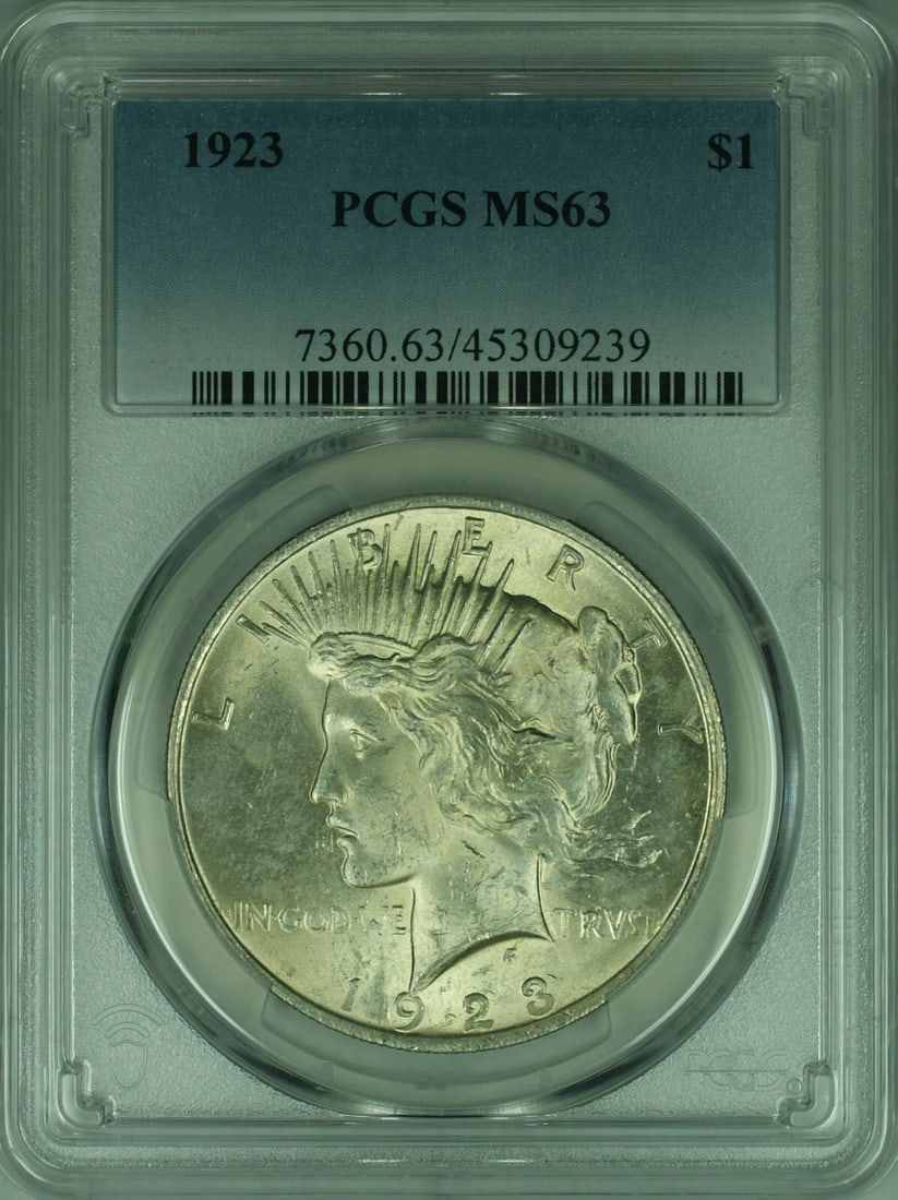 1923 Peace Dollar Silver Coin PCGS MS 63 Certified Uncirculated: 1923 Peace Dollar Silver Coin PCGS MS 63 Certified Uncirculated This is a 1923 Peace Silver Dollar from the United States, featuring a denomination of $1. Certified by PCGS with a grade of MS 63, this