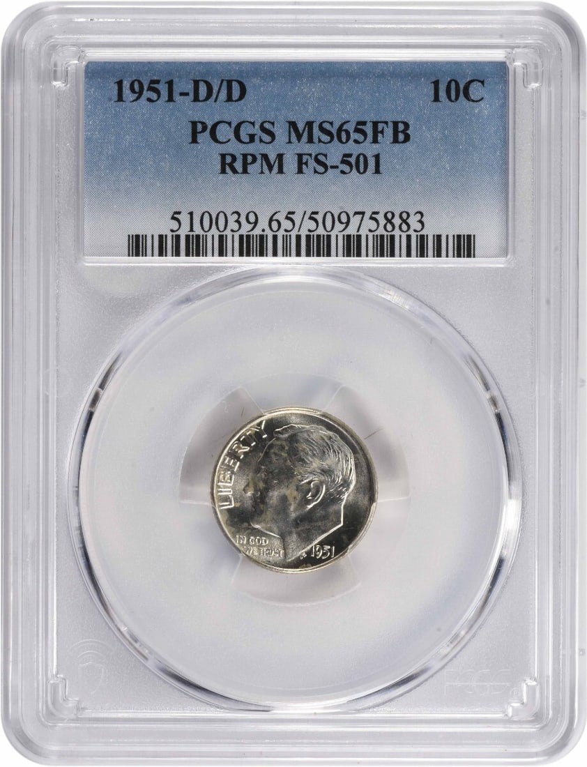 1951-D/D Roosevelt Dime MS65FB Certified PCGS 90% Silver: 1951-D/D Roosevelt Dime MS65FB Certified PCGS 90% Silver This 1951-D/D Roosevelt Dime is a remarkable collectible coin, certified by PCGS with a grade of MS65FB, indicating its superior uncirculated c