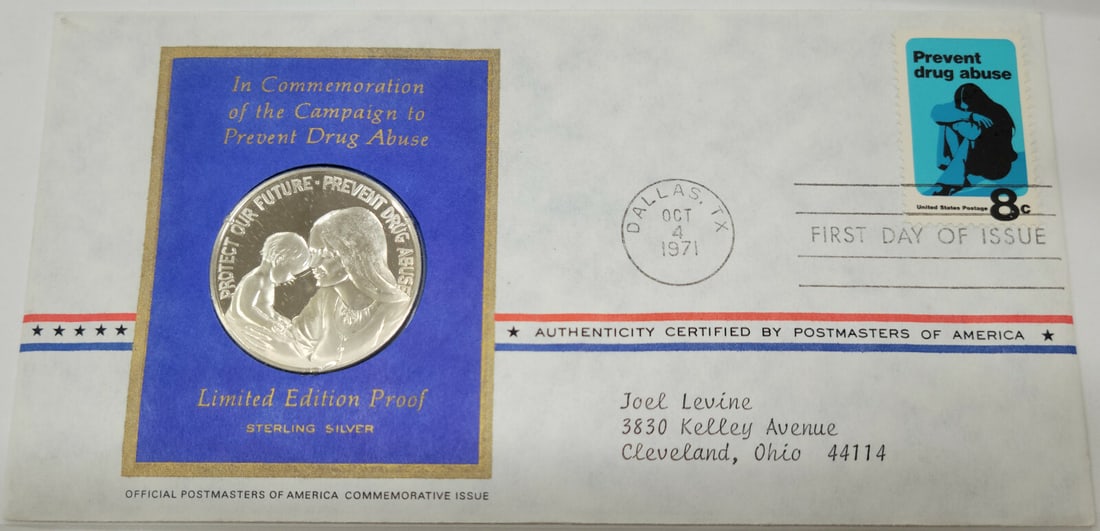 Franklin Mint 1971 Silver Proof Medal and First Day Prevent Drug Abuse Stamp: Franklin Mint 1971 Silver Proof Medal and First Day Prevent Drug Abuse Stamp This 1971 Protect Our Future Prevent Drug Abuse Silver Proof Medal with Stamp commemorates the campaign to prevent drug abu