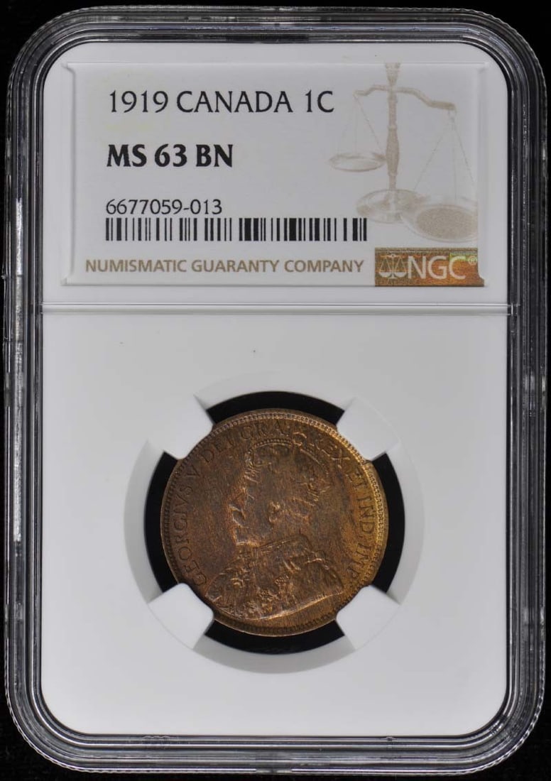 1919 Canada 1 Cent Coin NGC MS63 Uncirculated Certified: 1919 Canada 1 Cent Coin NGC MS63 Uncirculated Certified This 1919 Canada 1 Cent coin is certified by NGC with a grade of MS63, indicating it is in uncirculated condition. The coin features a rich brow