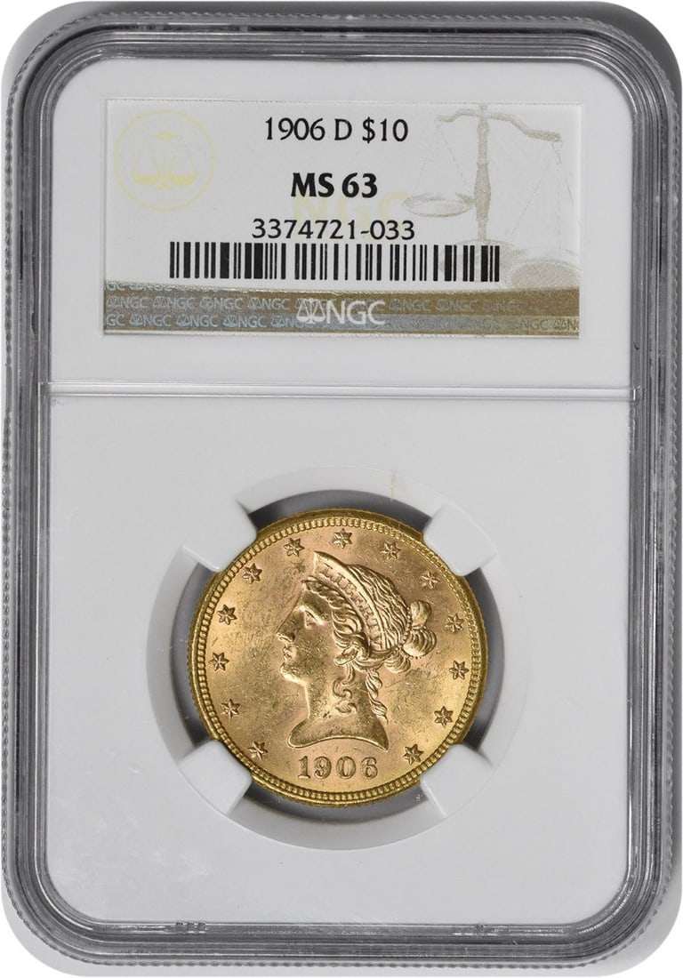 NGC MS63 1906 Denver $10 Liberty Head Gold Coin: NGC MS63 1906 Denver $10 Liberty Head Gold Coin This is a 1906-D $10 Gold Liberty Head coin, graded MS63 by NGC. Minted in Denver, this pre-1933 U.S. coin features the Liberty Head design by Christian