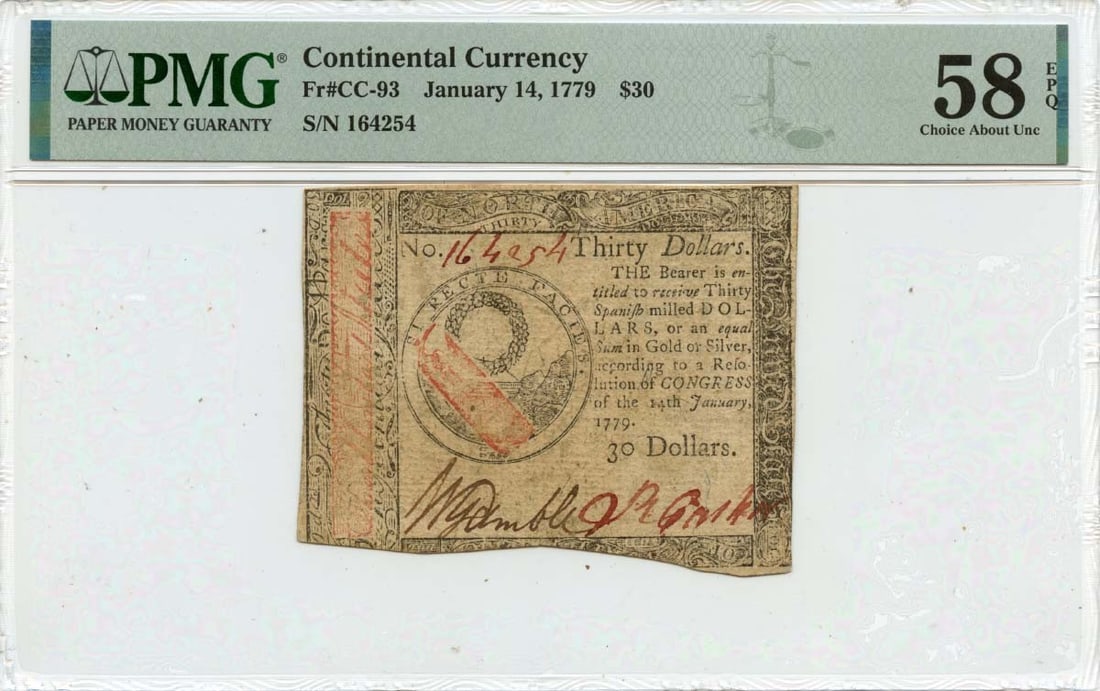 1779 $30 Continental Currency Note PMG AU58 EPQ: 1779 $30 Continental Currency Note PMG AU58 EPQ This 1779 Continental Currency note, denomination $30, is graded AU58 by PMG, indicating it is in excellent circulated condition. This historical piece 