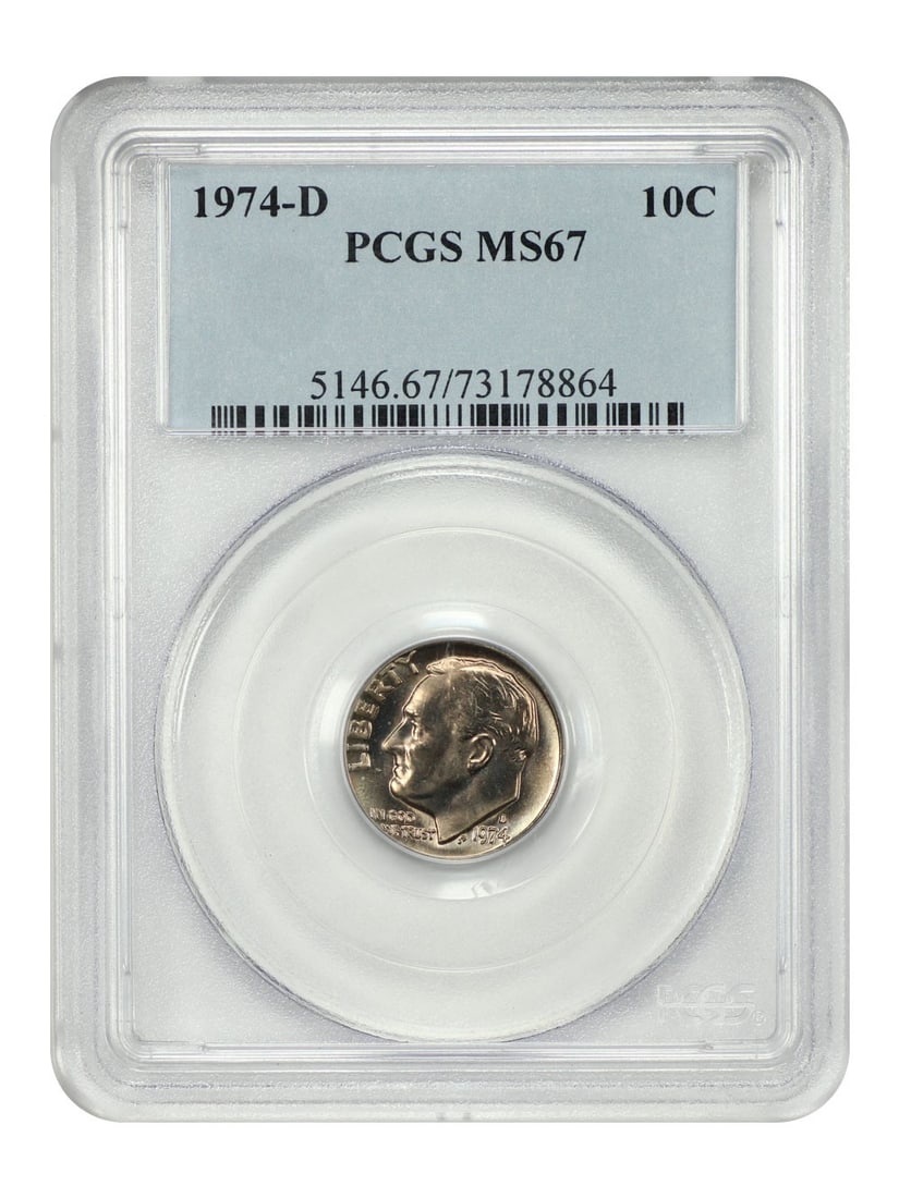 PCGS MS67 1974-D Roosevelt Dime 10C Uncirculated Denver Mint: PCGS MS67 1974-D Roosevelt Dime 10C Uncirculated Denver Mint This 1974-D Roosevelt Dime is certified by PCGS with a grade of MS67, indicating it is an uncirculated coin in superb condition. Minted in 