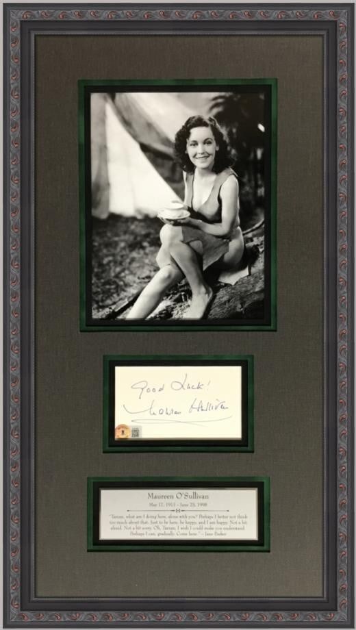Maureen O'Sullivan Signed Cut Display Authenticated by BAS 24 x 14: Maureen O'Sullivan Signed Cut Display Authenticated by BAS 24 x 14 This professionally framed display features a cut signature from Maureen O'Sullivan, renowned for her role as Jane Parker in the clas