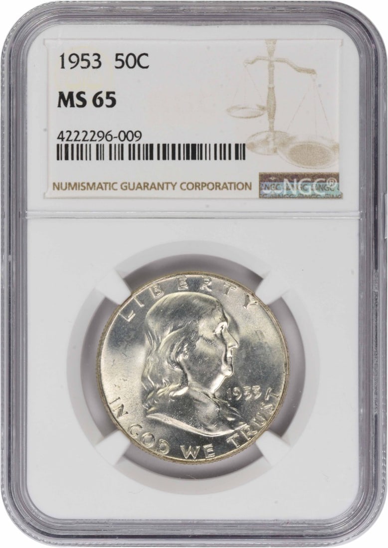 1953 Franklin Half Dollar 90 Percent Silver MS65 Graded by NGC: 1953 Franklin Half Dollar 90 Percent Silver MS65 Graded by NGC This is a 1953 Franklin Half Dollar graded MS65 by NGC. The coin is uncirculated and was minted in Philadelphia. It is composed of 90% si