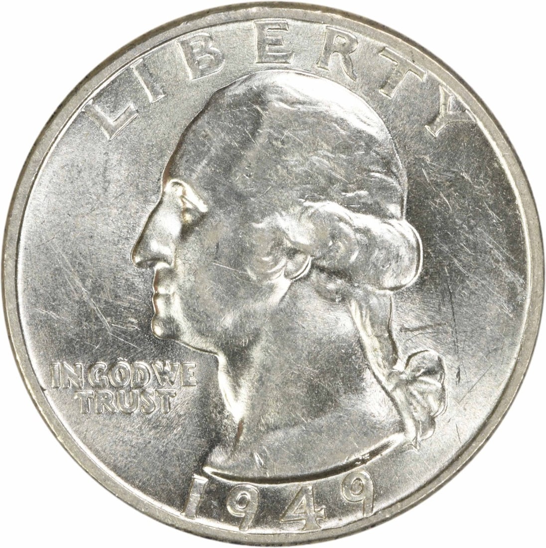 1949 Silver 25C Washington Quarter Choice BU Plus Uncertified: 1949 Silver 25C Washington Quarter Choice BU Plus Uncertified This 1949 Washington Quarter is an uncirculated coin featuring a silver composition. It is graded as Choice BU+ and remains uncertified. T