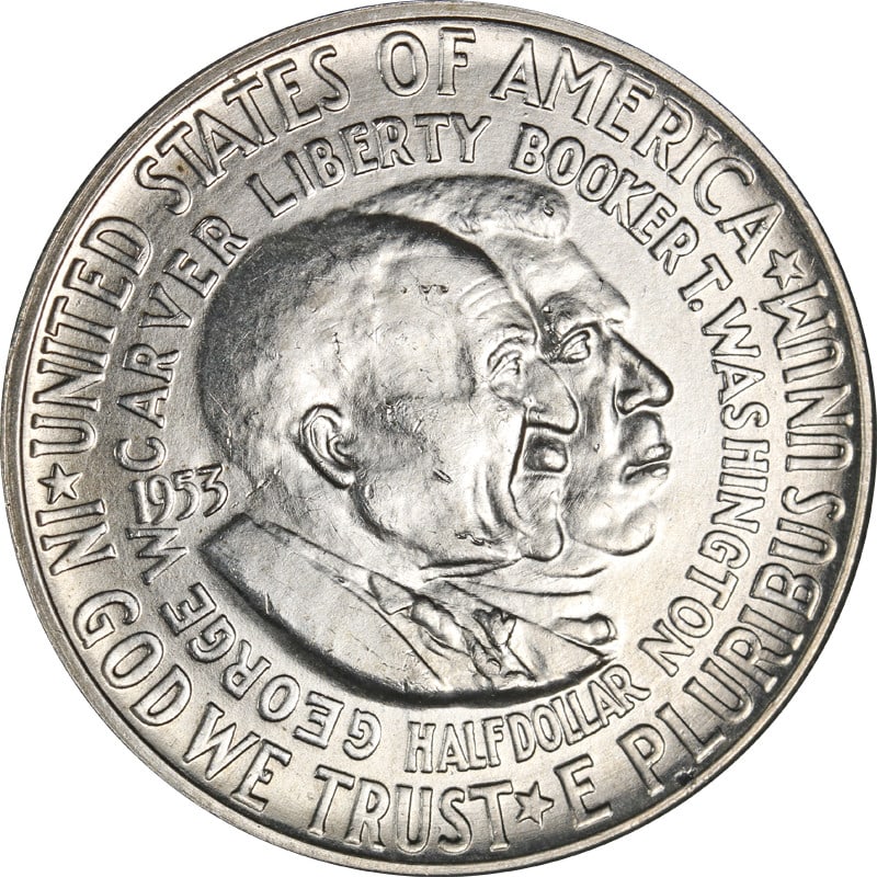 1953 Silver Half Dollar Washington Carver Denver Mint Commemorative: 1953 Silver Half Dollar Washington Carver Denver Mint Commemorative This is a 1953-D Washington-Carver commemorative half dollar from the United States. The coin is composed of silver with a fineness 