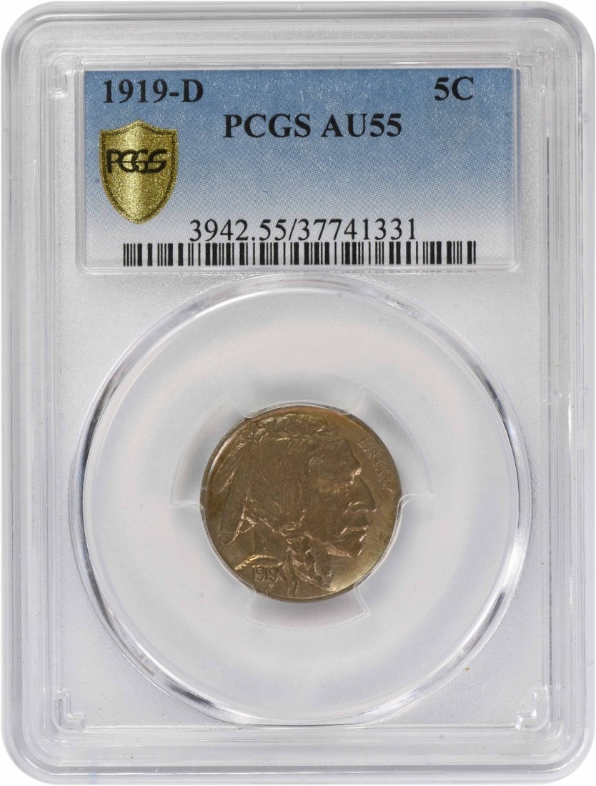 Buffalo Five Cent Coin 1919 Denver AU55 Graded by PCGS: Buffalo Five Cent Coin 1919 Denver AU55 Graded by PCGS This 1919-D Buffalo Nickel is graded AU55 by PCGS. Struck at the Denver Mint, it features a composition of 75% copper and 25% nickel. Designed by