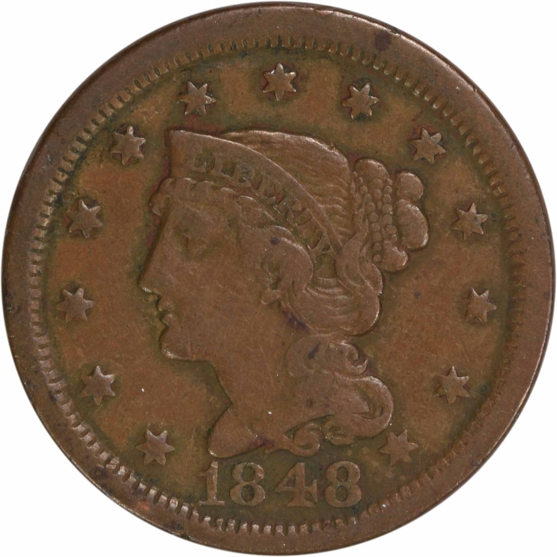 1848 Braided Hair Large Cent VF Uncertified Copper Coin: 1848 Braided Hair Large Cent VF Uncertified Copper Coin This 1848 Large Cent is a remarkable piece from the Philadelphia mint, showcasing the classic Braided Hair design by Christian Gobrecht. With a 