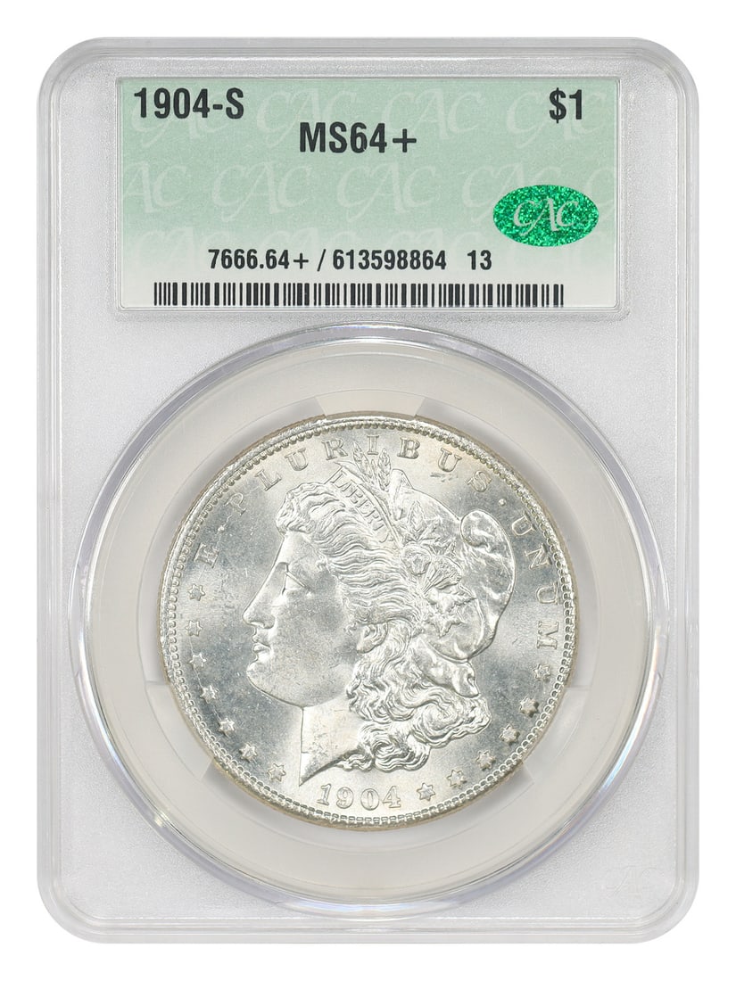 CACG MS64+ 1904-S Morgan Dollar San Francisco Mint Key Date Uncirculated: CACG MS64+ 1904-S Morgan Dollar San Francisco Mint Key Date Uncirculated This 1904-S Morgan Dollar is a highly sought-after key date coin minted in San Francisco. Certified by CACG and graded MS64+, i