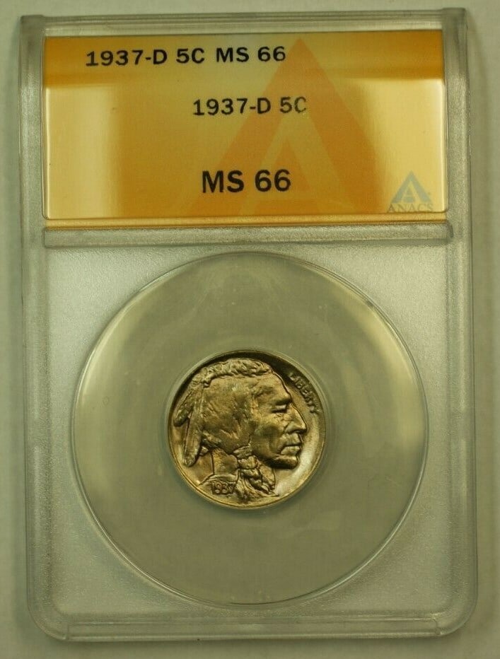 ANACS MS 66 1937 Denver Buffalo Nickel Five Cent Coin: ANACS MS 66 1937 Denver Buffalo Nickel Five Cent Coin This 1937-D Buffalo Nickel, minted in Denver, is a remarkable piece of numismatic history. Graded MS 66 by ANACS, this uncirculated nickel showcas