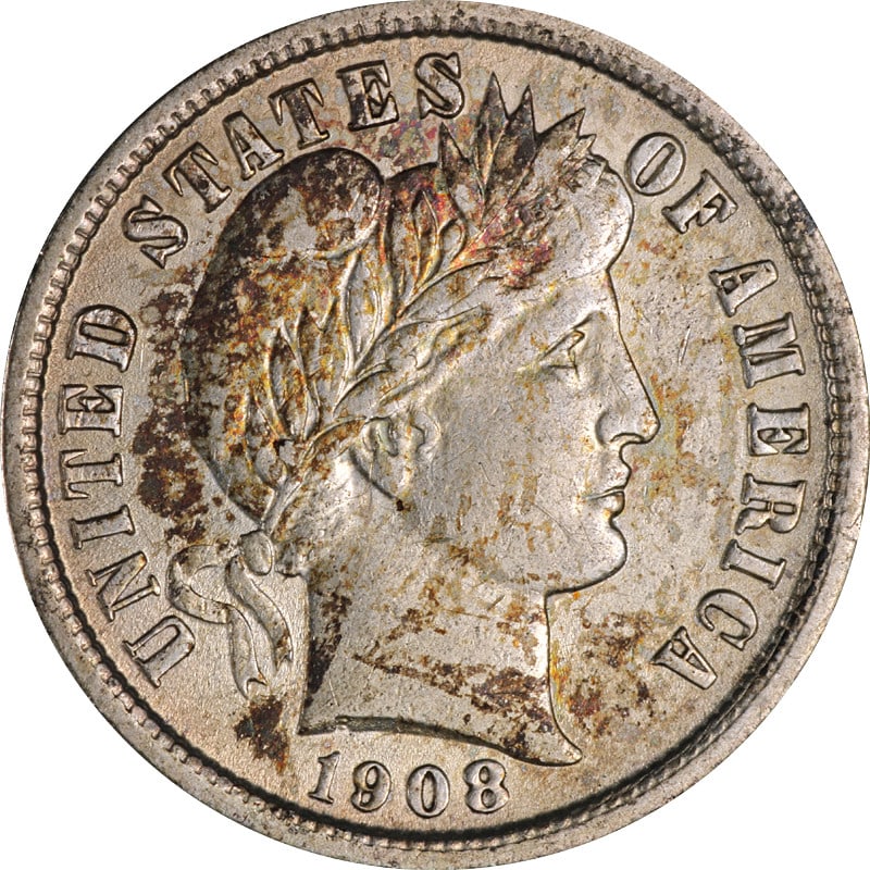 1908 Philadelphia Silver Dime Barber Series United States Coin: 1908 Philadelphia Silver Dime Barber Series United States Coin This is a 1908-P Barber Dime from the Philadelphia Mint. The coin is composed of silver and is in circulated, pre-owned condition. It ori