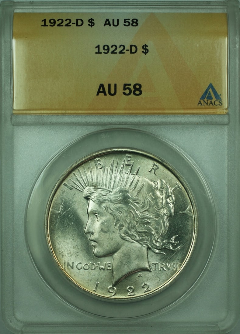 ANACS AU-58 1922-D Peace Dollar Silver Coin from Denver Mint: ANACS AU-58 1922-D Peace Dollar Silver Coin from Denver Mint This 1922-D Peace Silver Dollar is a $1 coin minted in Denver. Composed of 90% silver, it is certified by ANACS with a grade of AU-58. The 