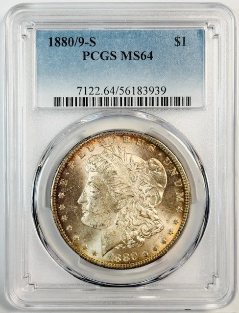 PCGS MS64 1880 Over 9 San Francisco Morgan Silver Dollar: PCGS MS64 1880 Over 9 San Francisco Morgan Silver Dollar This is an 1880/9 S Morgan Silver Dollar, certified by PCGS with a grade of MS 64. The coin is composed of silver, is uncirculated, and was min