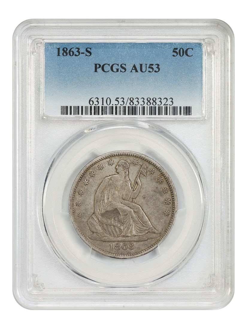 San Francisco Mint 1863 Seated Liberty Half Dollar PCGS AU53: San Francisco Mint 1863 Seated Liberty Half Dollar PCGS AU53 This is an 1863-S Liberty Seated Half Dollar graded AU53 by PCGS. Minted in San Francisco, this circulated coin is part of the Liberty Seat