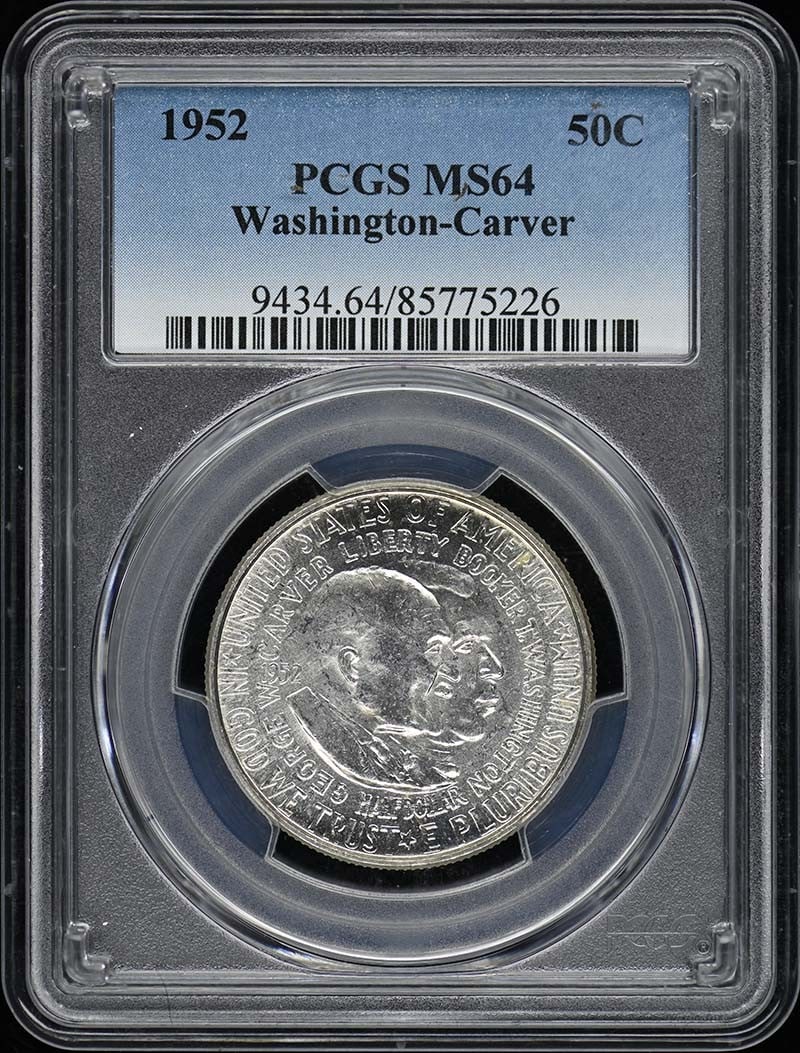 1952 Silver Washington Carver Half Dollar PCGS MS64 Philadelphia Mint: 1952 Silver Washington Carver Half Dollar PCGS MS64 Philadelphia Mint This is a 1952 Washington-Carver 50-cent silver commemorative coin, graded MS64 by PCGS. It is composed of 90% silver and 10% copp